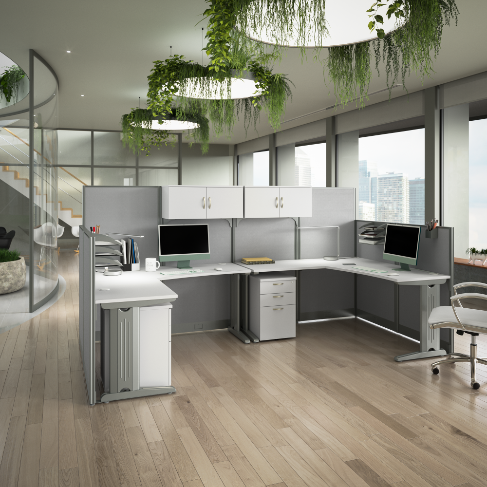 Office in an Hour 2 Person L Shaped Cubicle Desks with Storage, Drawers, and Organizers