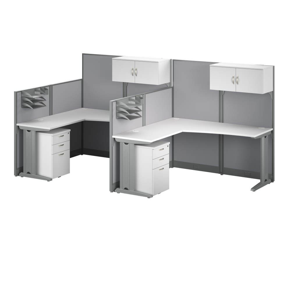 Office in an Hour 2 Person L Shaped Cubicle Desks with Storage, Drawers, and Organizers