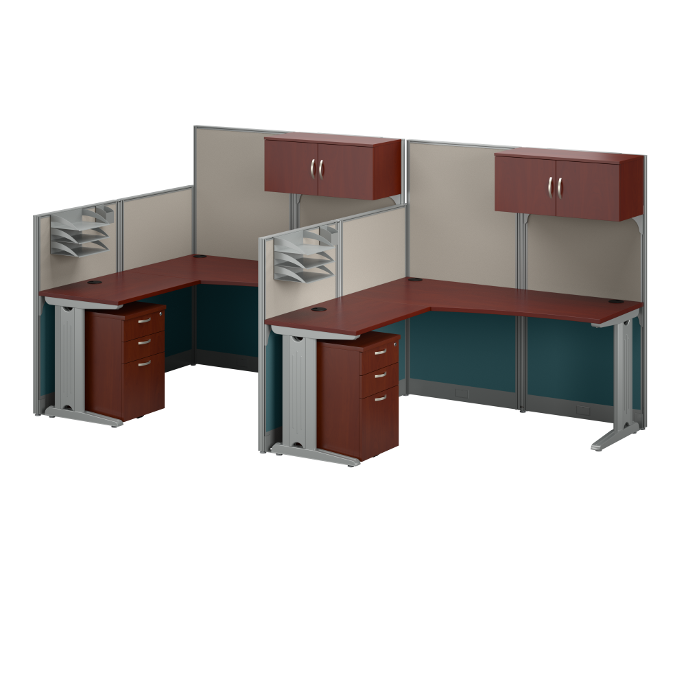 Office in an Hour 2 Person L Shaped Cubicle Desks with Storage, Drawers, and Organizers