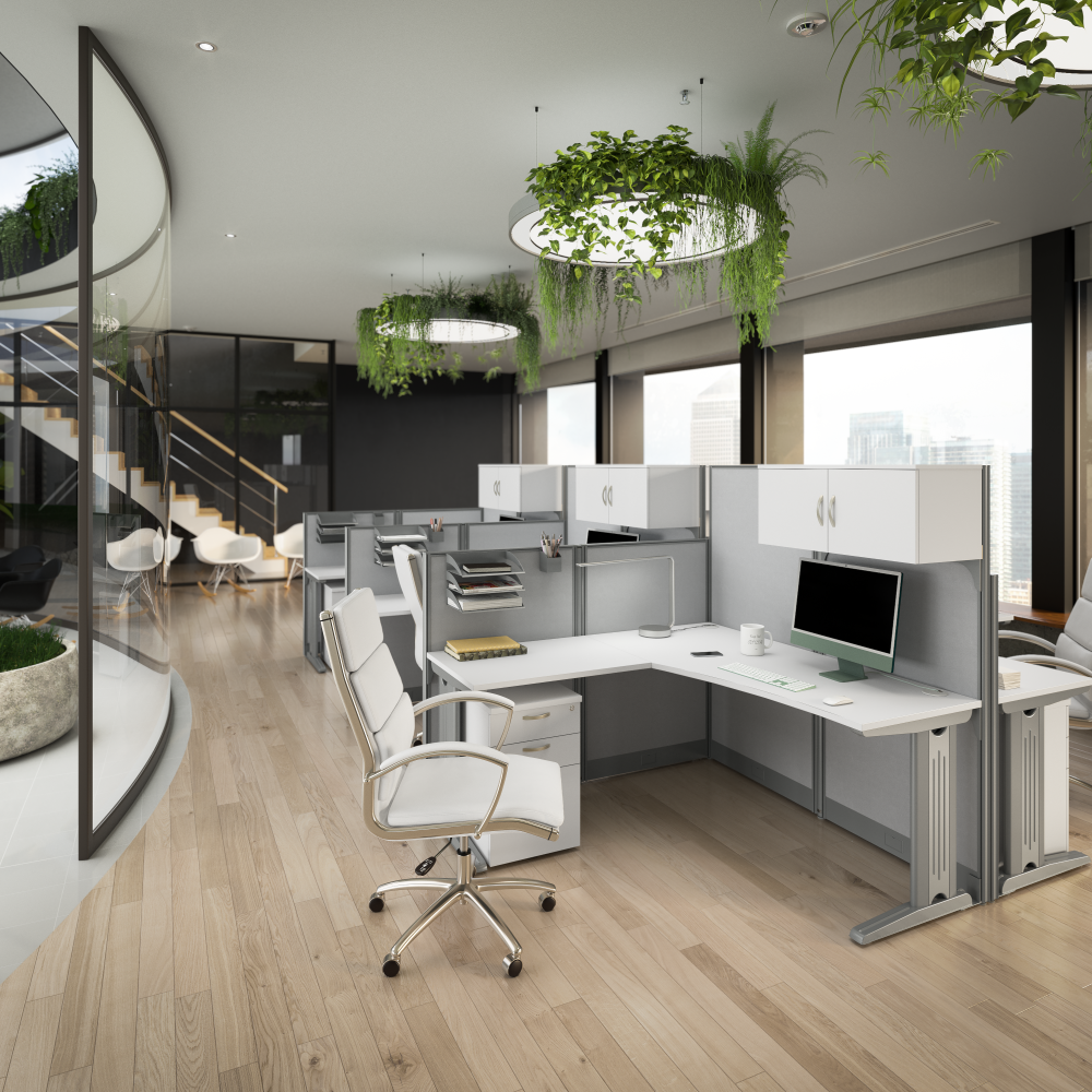 Office in an Hour 2 Person L Shaped Cubicle Desks with Storage, Drawers, and Organizers